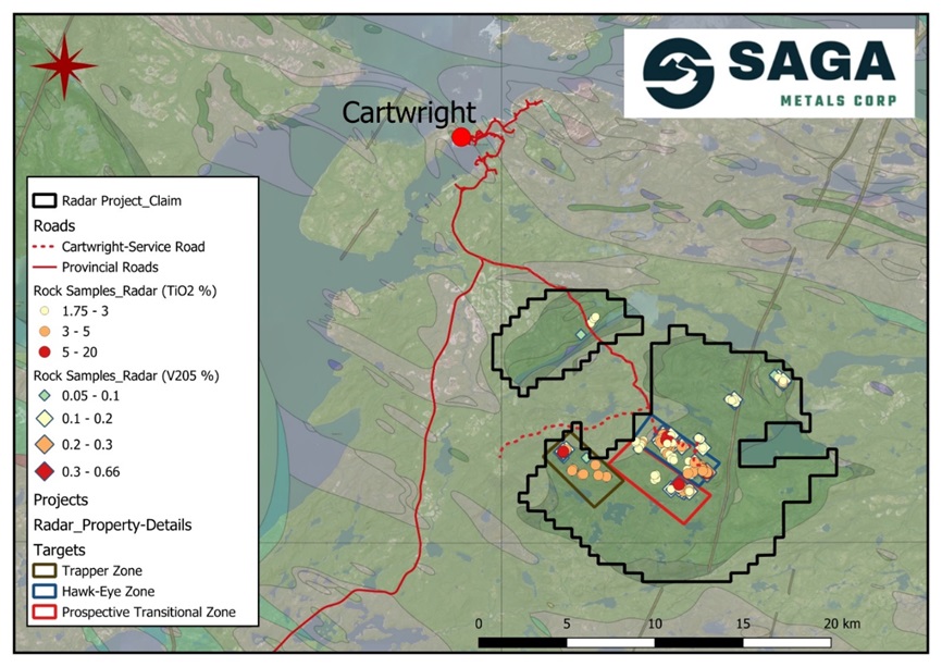 Map of the Radar Ti-V project and its proximity to the town of Cartwright, Labrador 