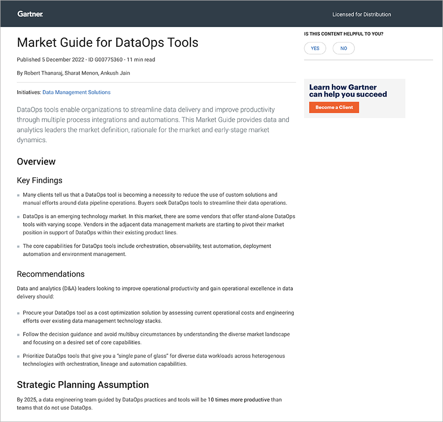 Stonebranch wird im Gartner Market Guide for DataOps Tools 2022 als repräsentativer Anbieter genannt