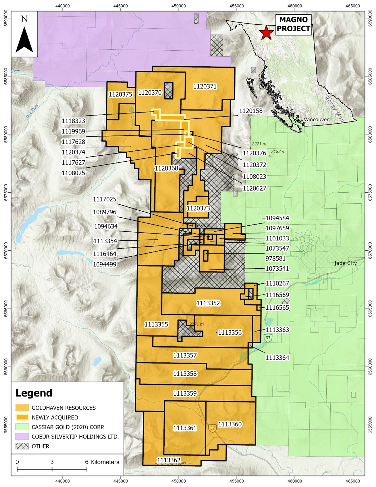 Magno property claims outlining the Kuhn, Dead Goat and M3 claims acquisition highlighted in yellow in the northern section of property as well as proximity to other Company’s claims in the area