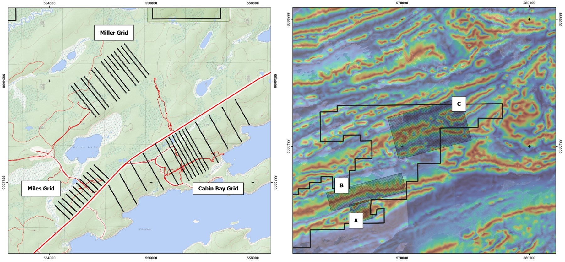 Figure 3: Exploration Expansion Programs (Left- Soil Grids over the Miller, Cabin Bay, and Miles Targets, Right- Northeast Goldlund priority areas for