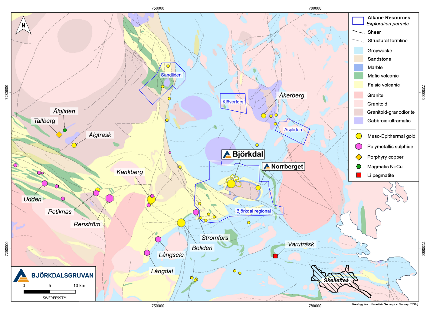 Regional geological map of the eastern Skellefte district, showing major deposits and merged outlines of exploration permits held by Alkane Resources. 