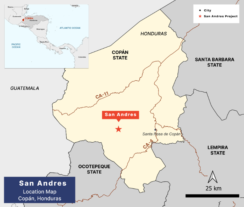 San Andres location map, Copan, Honduras.
