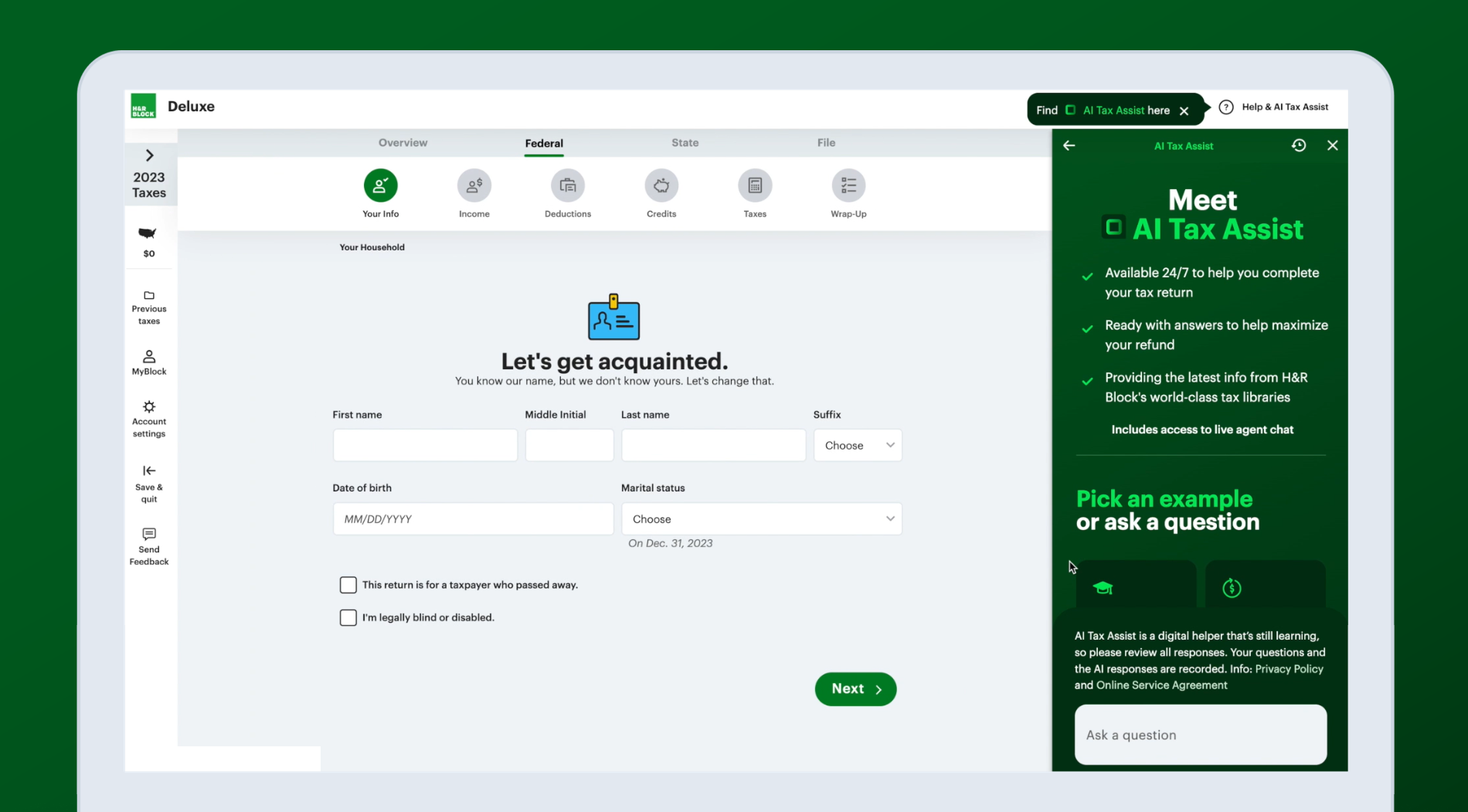 New H&R Block AI Tax Assist Provides DIY Tax Filers Instant, Unlimited Help with No Extra Fees or Upgrade Required for Live Tax Pro Assistance