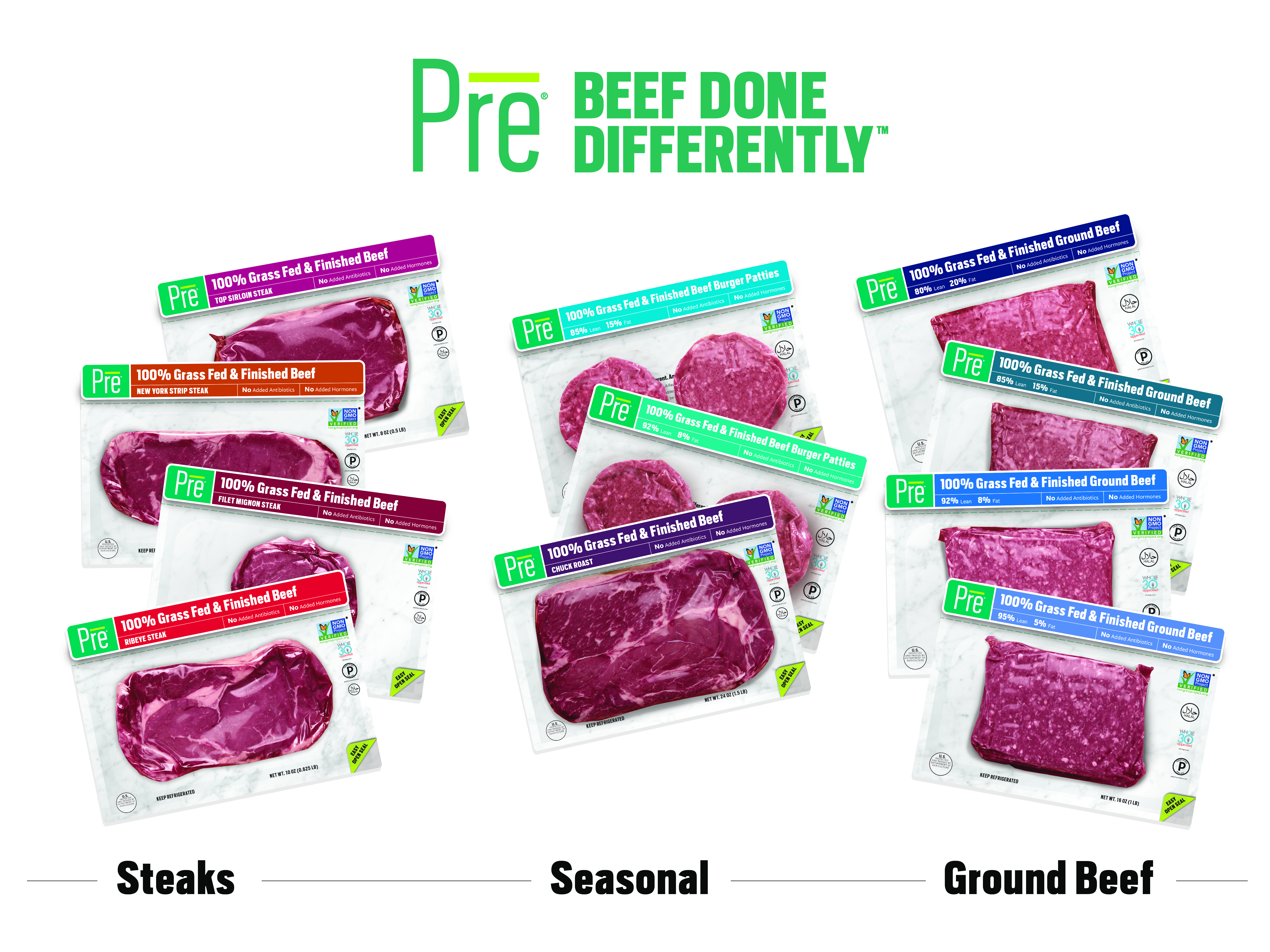 Pre® 100% Grass-Fed and Finished packaging evolved to further strengthen consumer communication and improve the ease of shopping. All Pre® steaks and ground beef are Halal verified.