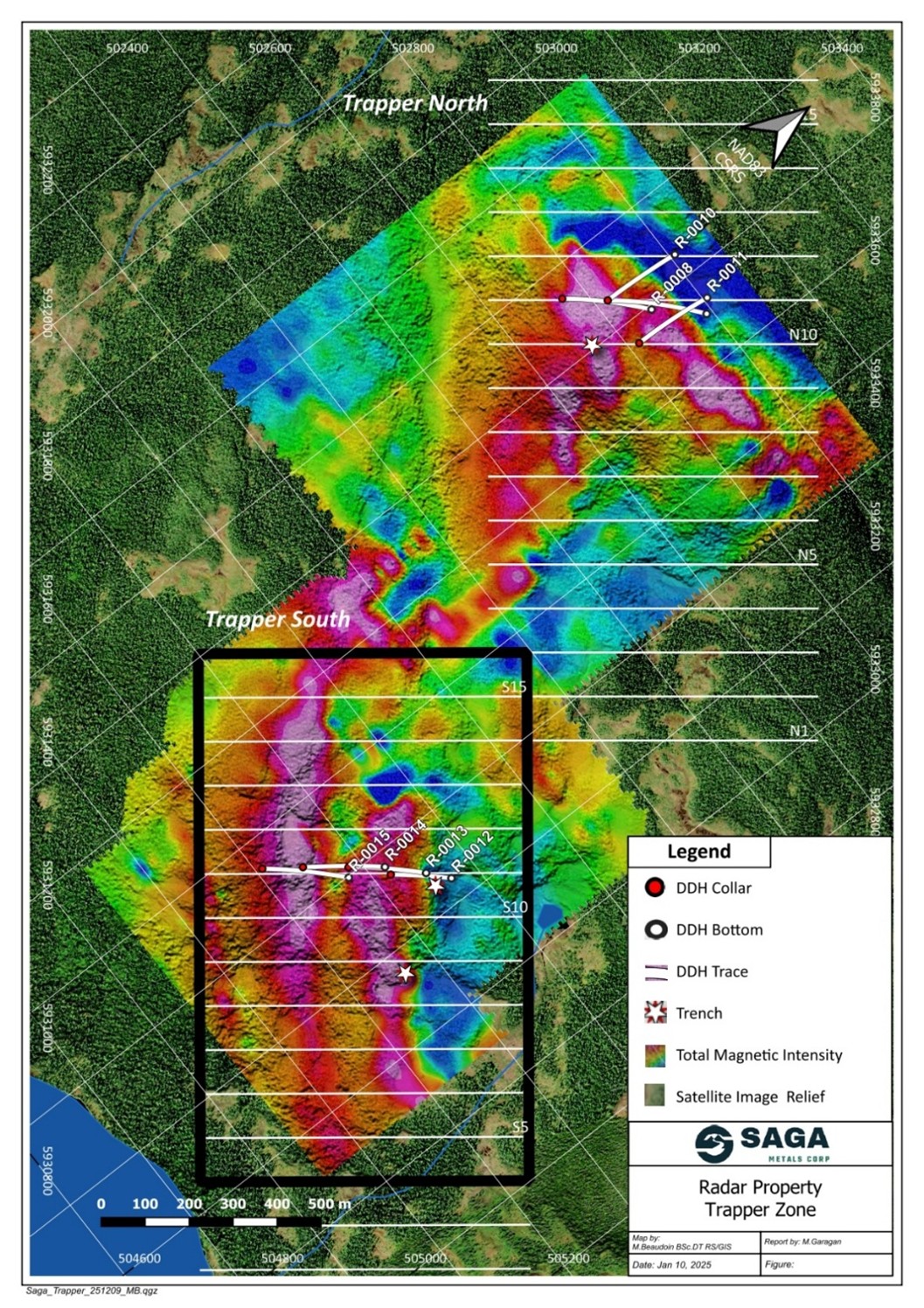 Trapper Zone map outlining location of the initial 2026 focus for remainder of the MRE drill program to be completed in 2026  showing the TMI of the 2025 Trapper Zone ground magnetic survey Drilling will commence in Trapper Zone and move to Trapper North. 