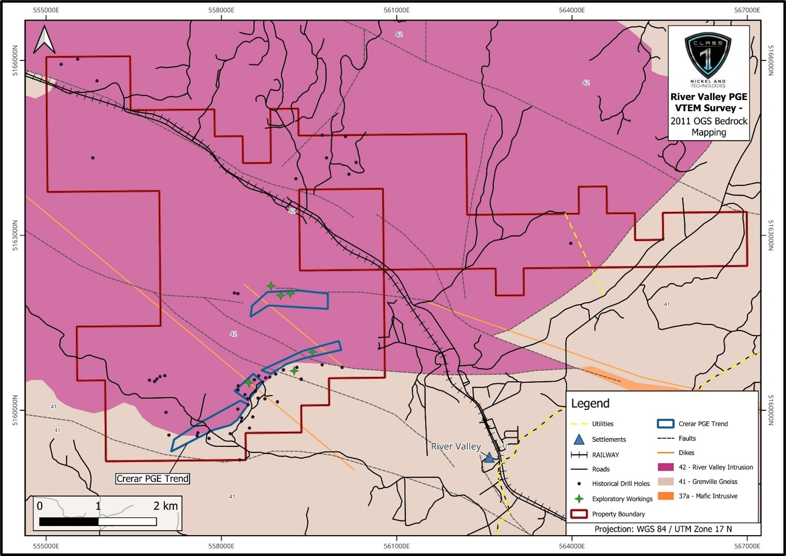 Generalized geology from the southeastern River Valley Intrusion (OGS, 2011), showing the River Valley PGE Property boundary and the location of known sulphide mineralization, PGE-sulphide trends such as the Crerar PGE Trend, and historical drill hole collars. 
