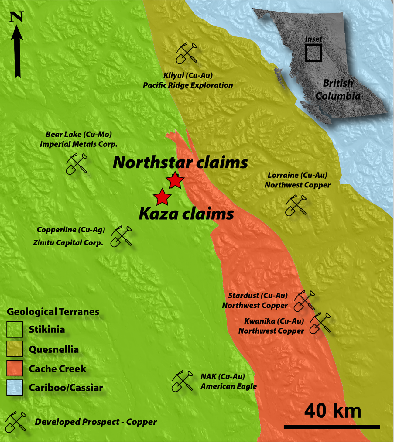 Map showing location of Northstar and Kaza claim groups in relation to existing copper ± gold prospects in north-central British Columbia.