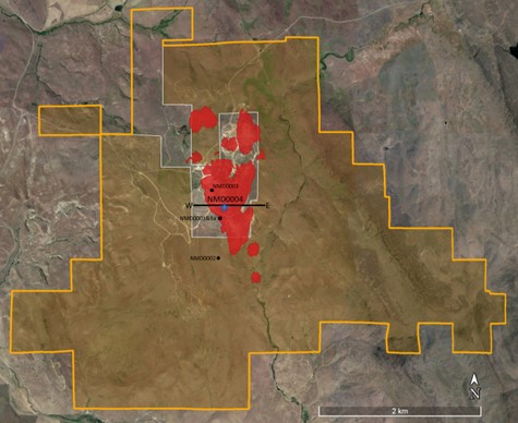 Plan view map of Nutmeg Mountain with drill collar locations. Yellow line outlines the project boundary, with orange shading defining the unpatented Bureau of Land Management (“BLM”) claims that have been permitted through an Exploration Notice. The remaining unshaded areas are patented claims and private leases which can be drilled without a permit from the BLM. Mineralization contained within the US<money>$175</money>0/oz Au pit shell from the 2023 Mineral Resource is outlined in red (Note 1).