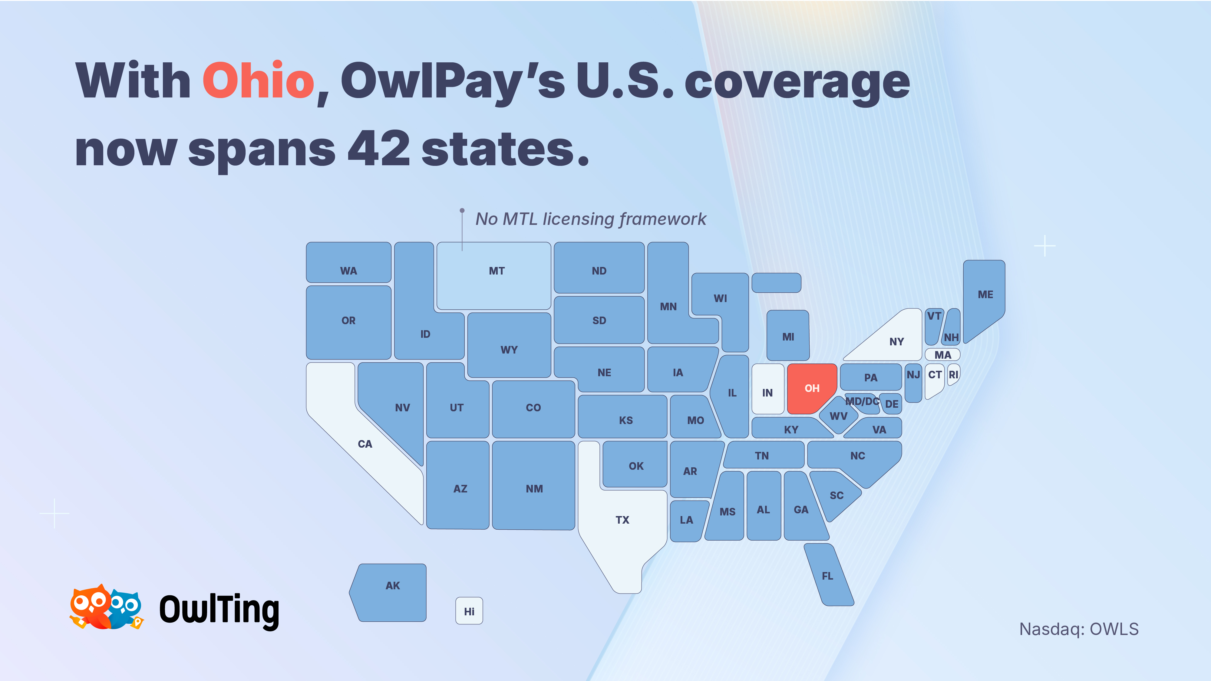 Map of the United States highlighting 42 states where OwlPay holds Money Transmitter Licenses as of June 2026