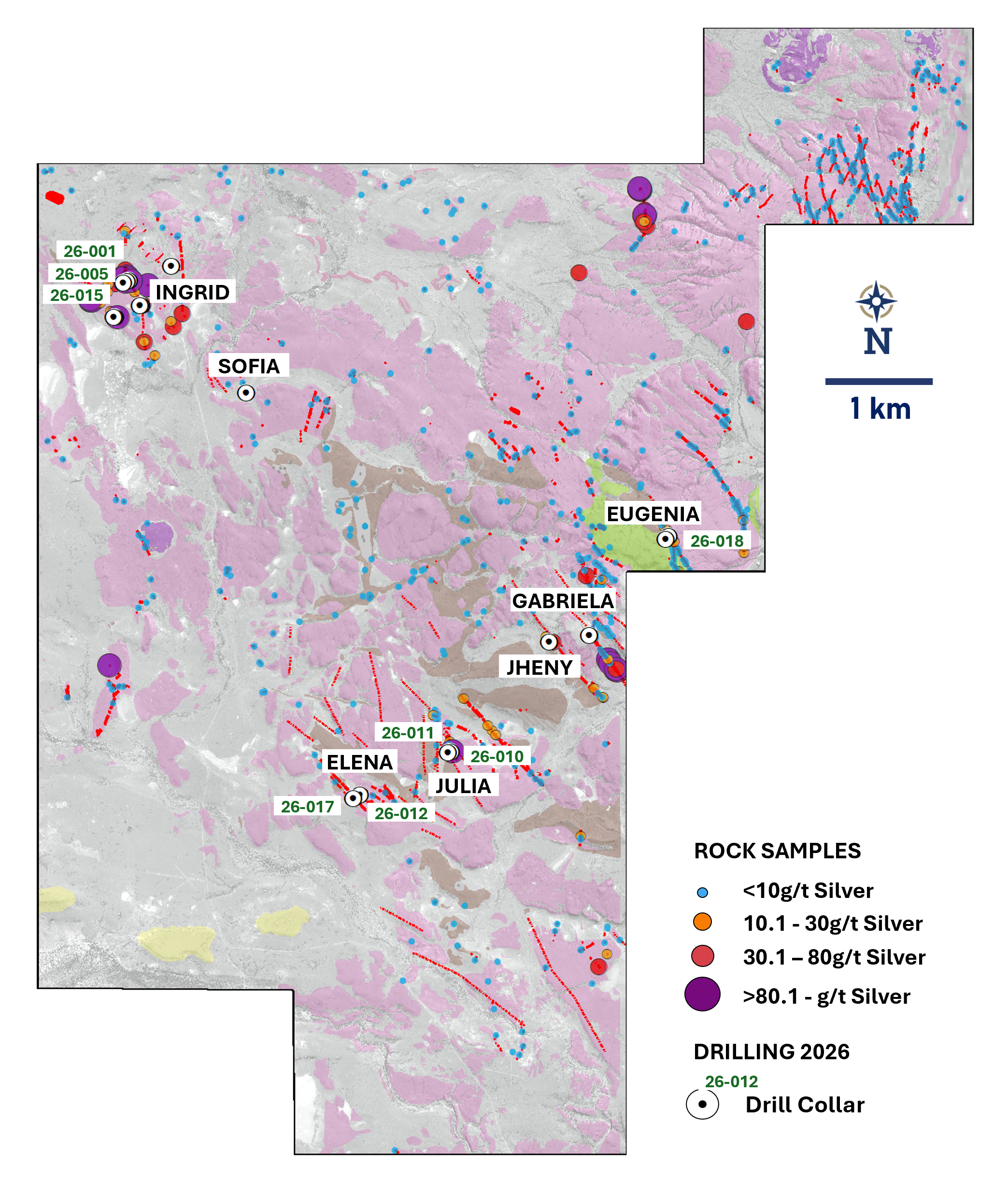 Completed 2026 drill hole map showing targets tested with initial drillingand drill hole names for drill holes included in Table 1 