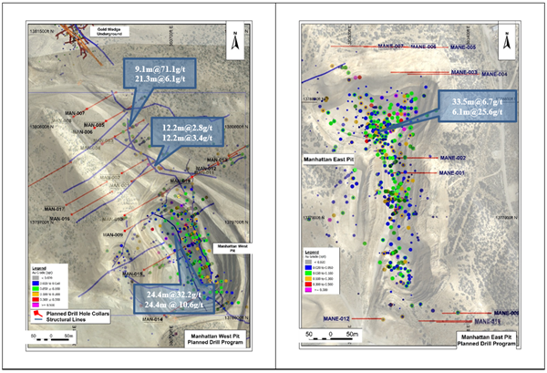 Figure 2: Planned drillholes targeting high-grade mineralization below the West and East pits and northern extension of the West Pit.