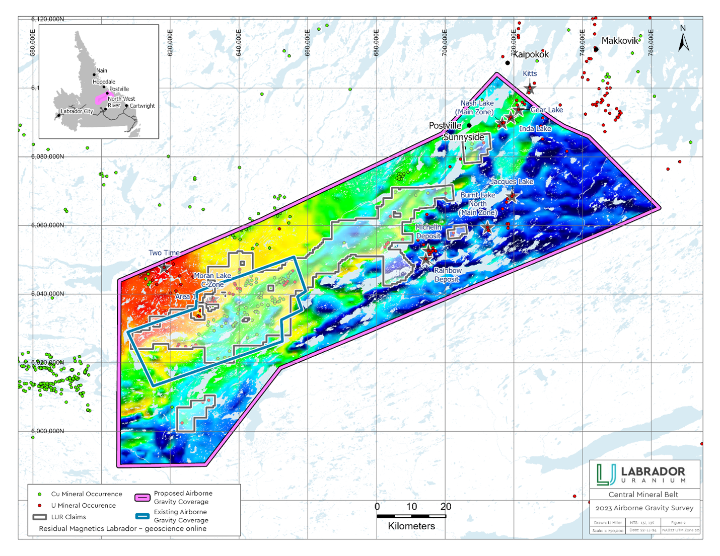 Outline of planned airborne geophysical survey for the CMB, Labrador with clipped regional residual magnetics underlay.