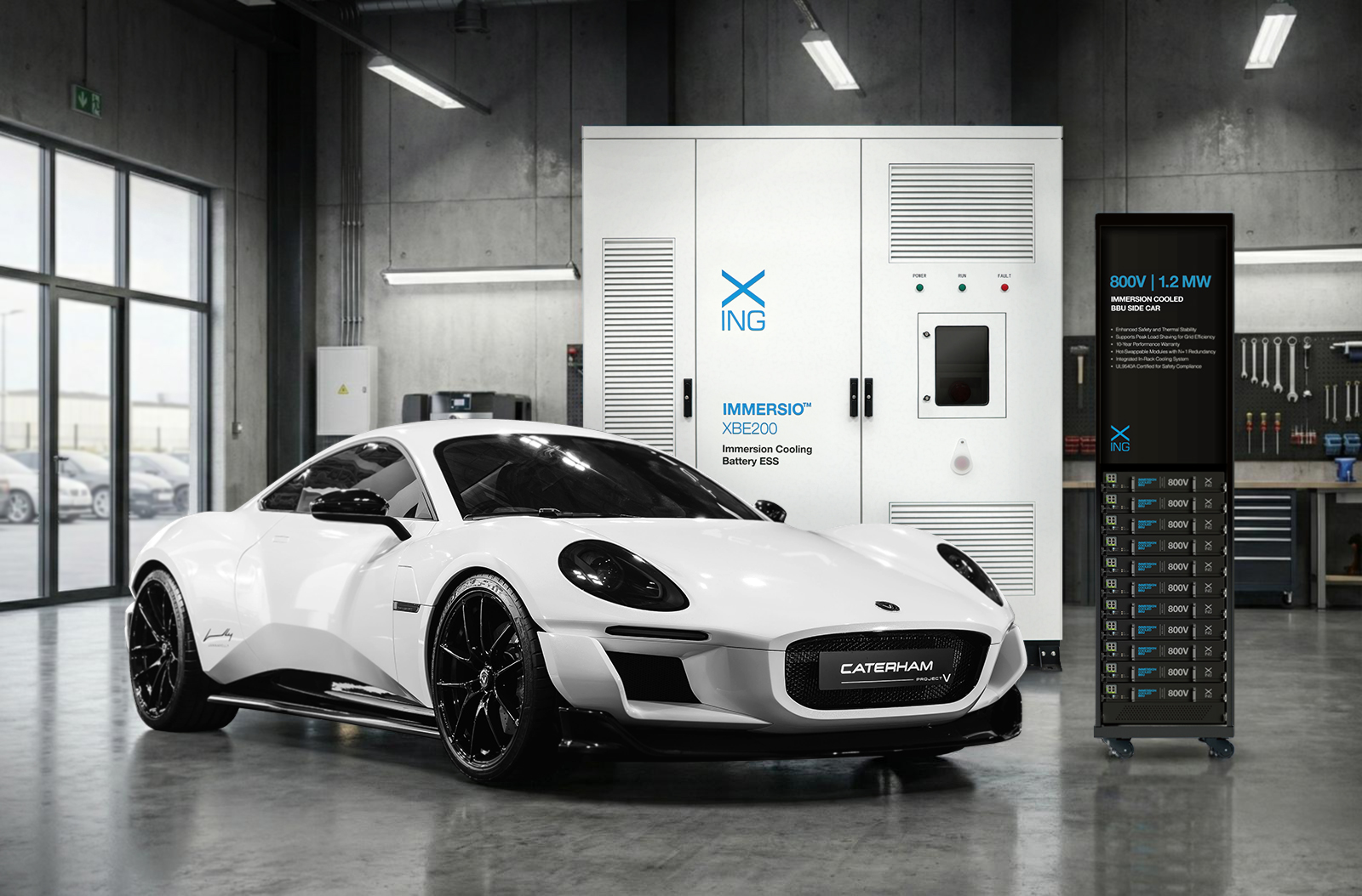 XING Mobility immersion-cooled 800V BBU and energy storage system displayed with Caterham Project V electric concept sports car