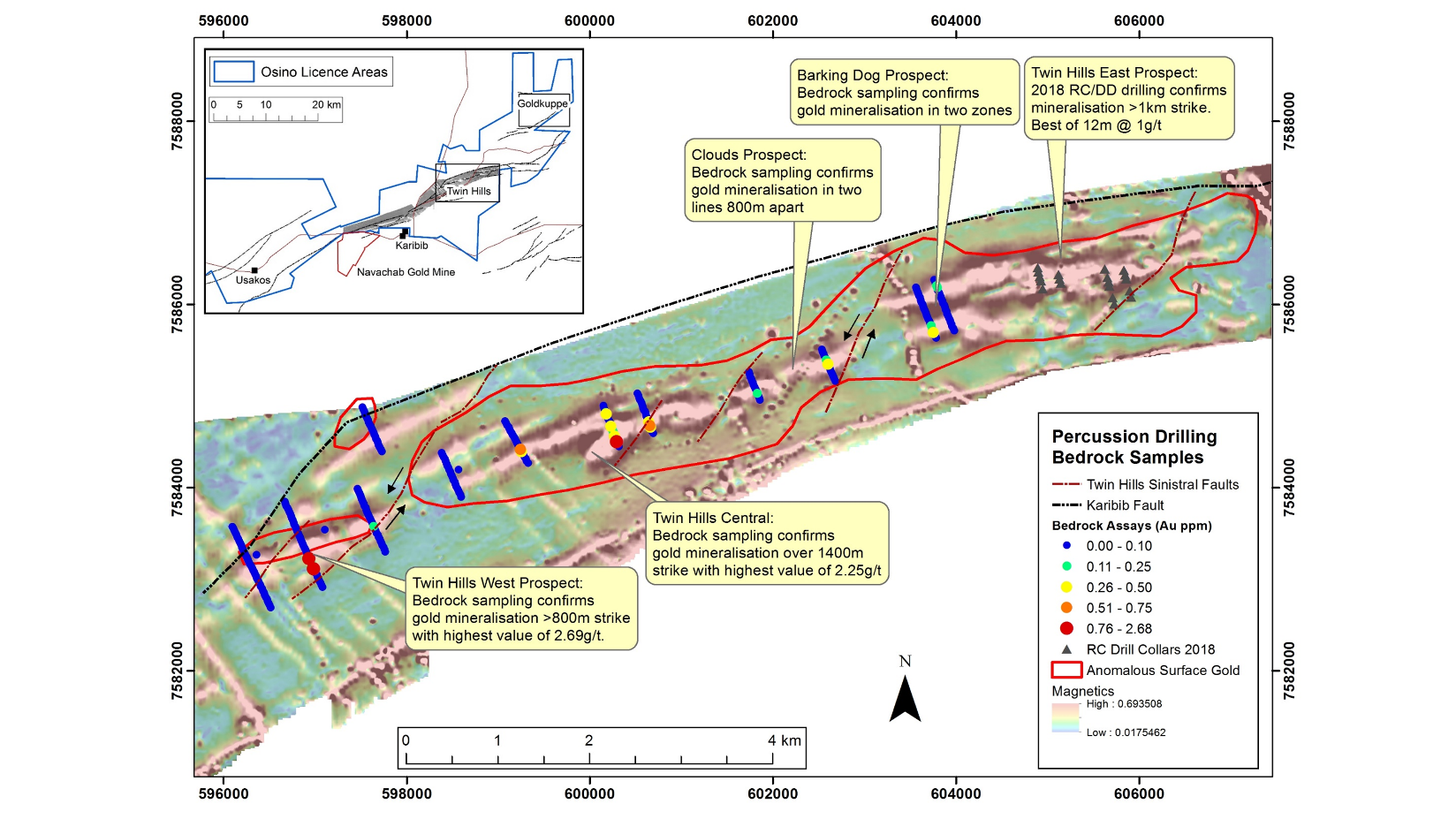 Figure 1: Bedrock Gold Assays for Twin Hills Cluster Prospects