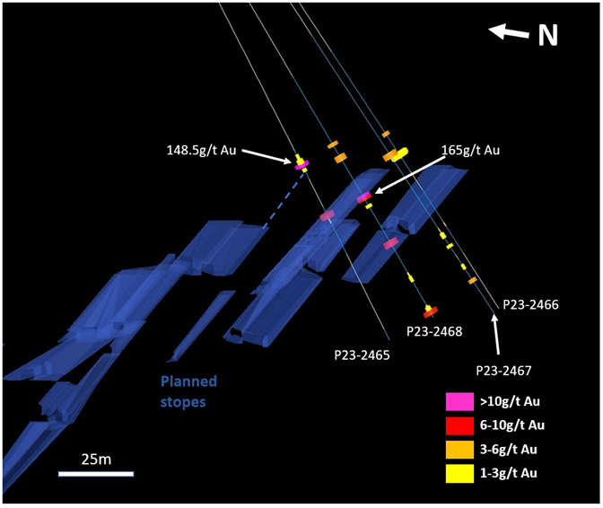 East looking 3D-cross section showing the drill holes reported in this release. High-grade gold was intercepted in stope shapes and in the direct projection of existing stope designs up dip (hole P23-2465) and along strike (hole P23-2468), respectively. The projected intercepts of drill holes 2466 and 2467 in the stope encountered a dyke and a base metal zone with anomalous gold respectively.