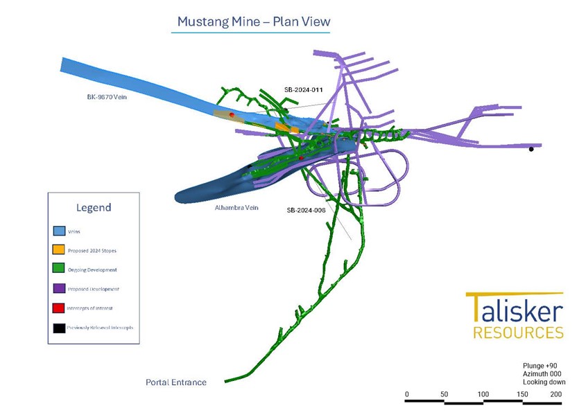 Plan view showing locations of SB-2024-008A and 2024-011 in relation to the proposed Mustang Mine development.