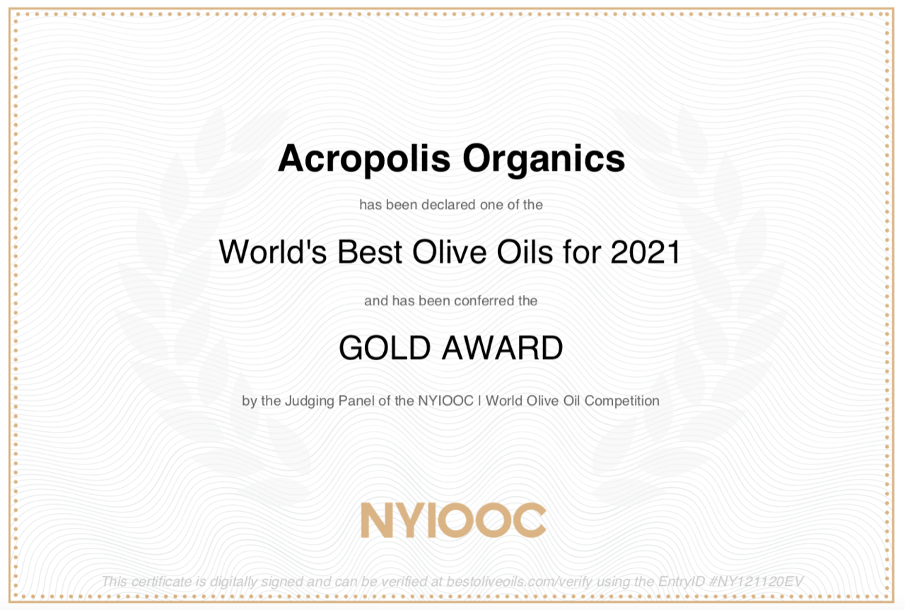 Award Certificate, “World’s Best Olive Oils for 2021”