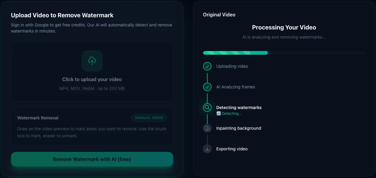 AI workflow for automatic video watermark detection and removal.