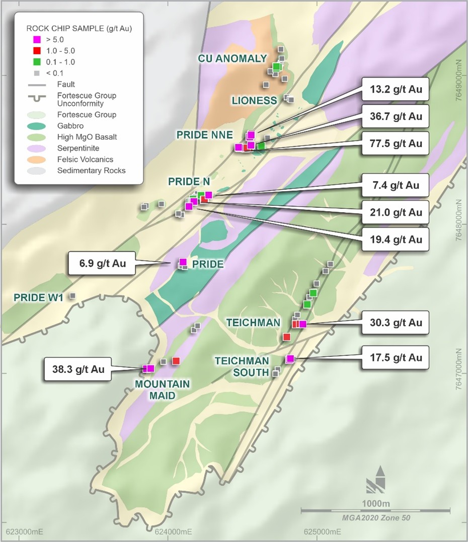 Teichman prospects highlighting Novo rock chip results > 5 g/t Au and geological interpretation with regolith cover(6).
