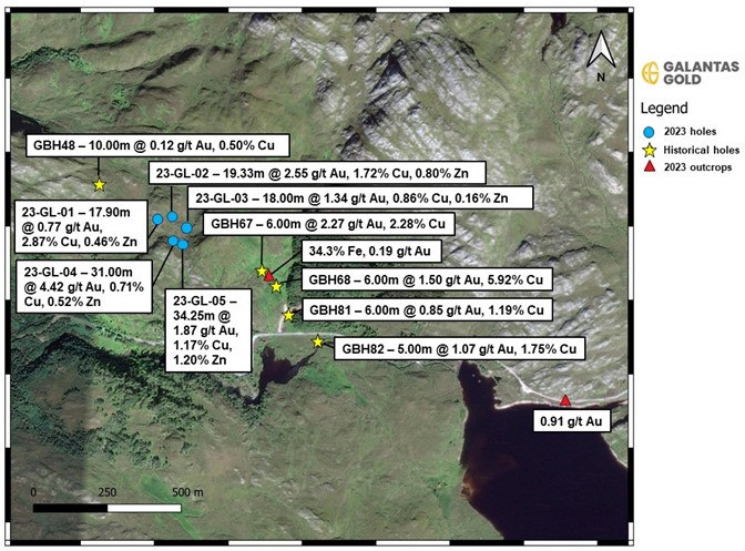 Map showing drill hole locations at the Gairloch Project.