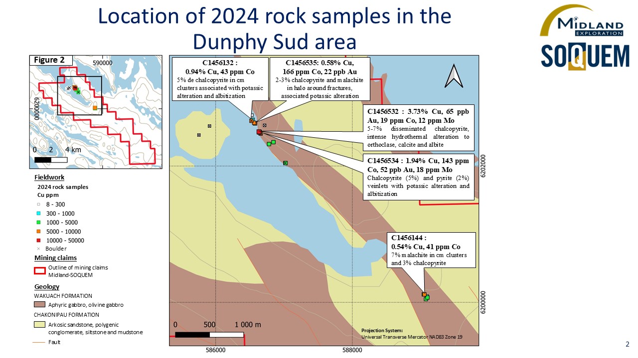 Figure 2 Location of 2024 rock samples in the Dunphy Sud area