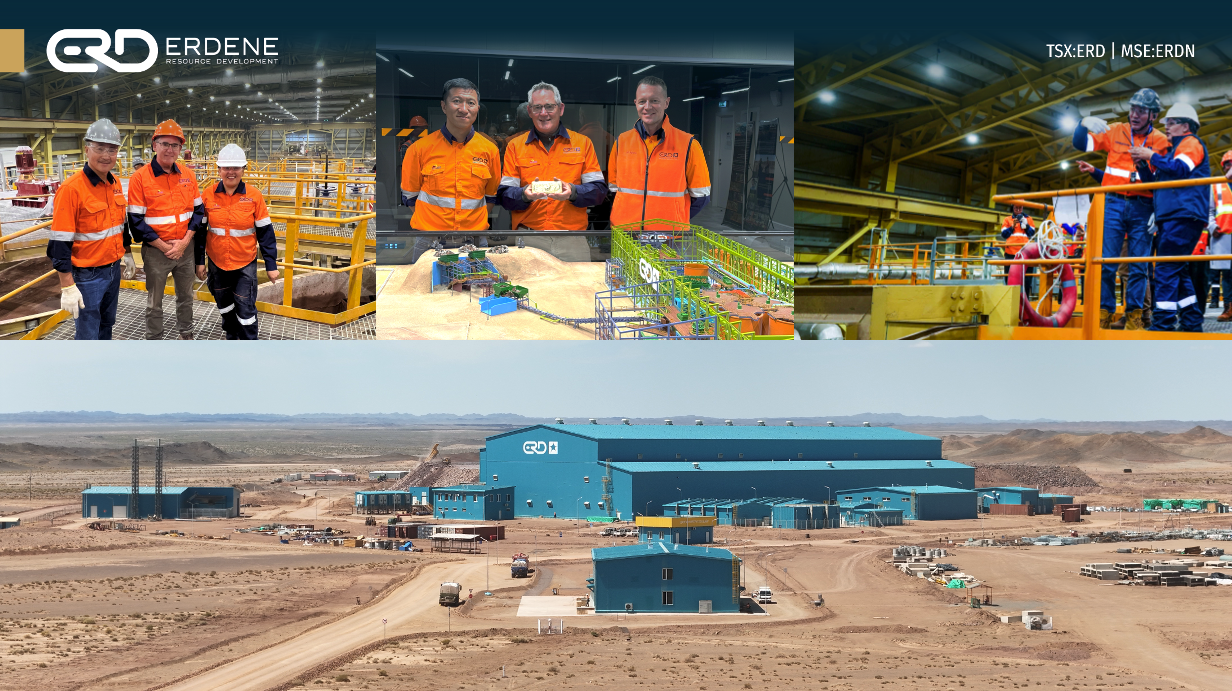 Images (clockwise):1.Mr.Ts.Baasandorj, COO of Erdene Mongol LLC (EM); Mr.Peter Akerley, President & CEO of Erdene Resource Development Corp (ERD); Mrs.R.Oyunbat, Senior Chief Process Engineer of EM2.Mr.A.Bilguun, CEO of EM; Mr. Akerley, President & CEO of Erdene Resource Development Corp (ERD) and Mr.Jon Lyons, CDO of EM3.Mr.G.Damdinnyam, Member of Parliament, Minister of Industry and Mineral Resources of Mongolia; Mrs.R.Oyunbat, Senior Chief Process Engineer of EM4.Bayan Khundii Process Plant