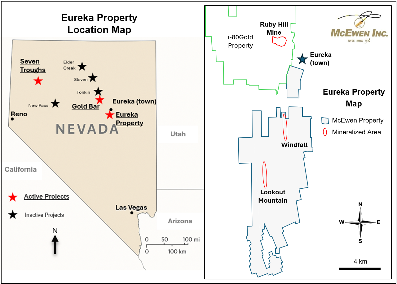Figure 1: Map of Eureka Property showing Windfall, Lookout Mountain, and Ruby Hill Mine (i-80 Gold)