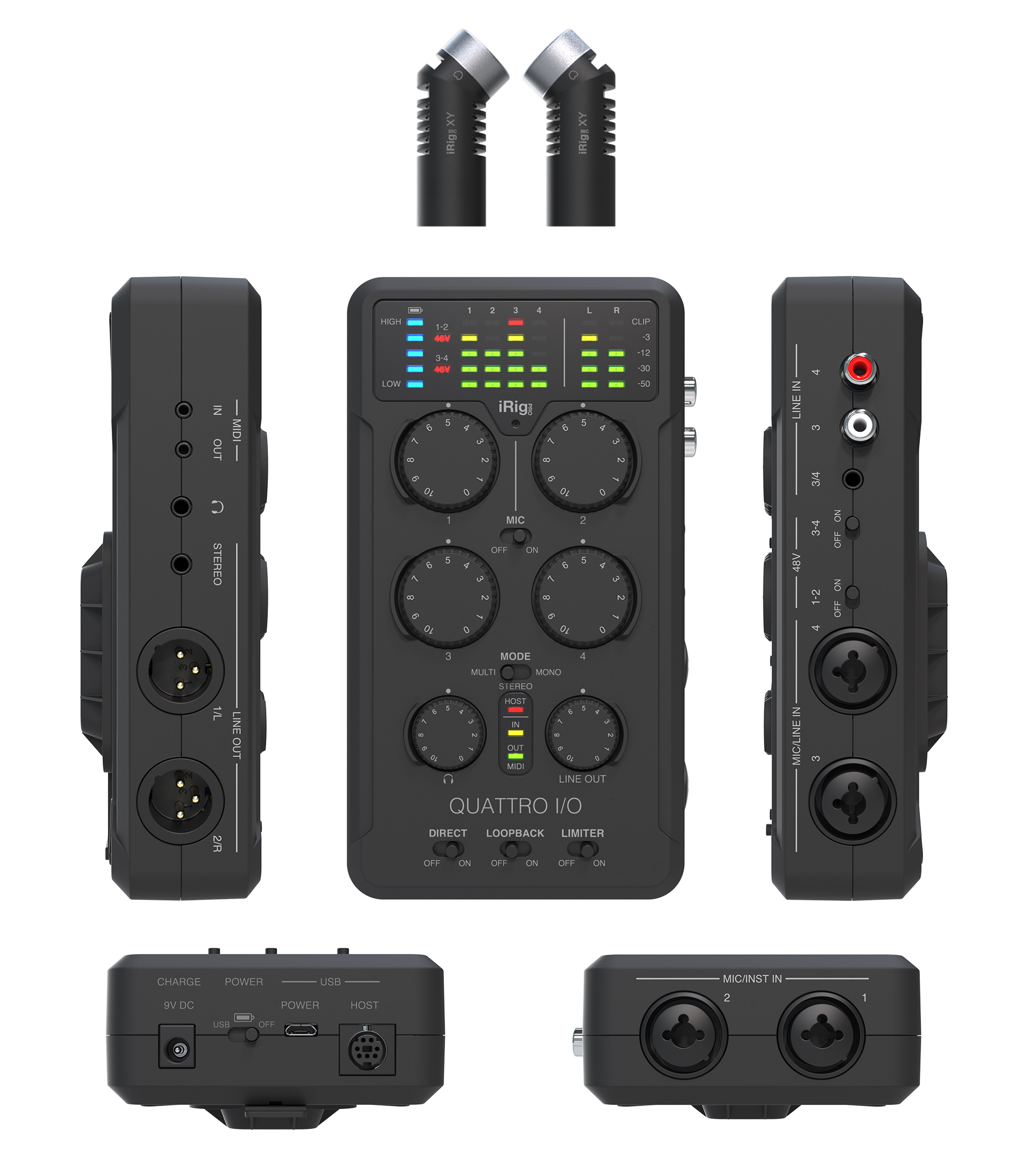 The iRig Pro Quattro I/O offers 4 high-quality, low-noise mic preamps with phantom power; Hi-Z and line-level instrument, RCA and TRS inputs; plus XLR balanced, 3.5 mm stereo and headphone outputs; and full MIDI I/O.