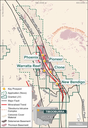 Geology and main prospects of the Tibooburra tenements highlighting the Albert Goldfields at the boundary of the Thomson and Delamarian orogens wrapping around the west side of a cluster of large granite intrusions to the east.