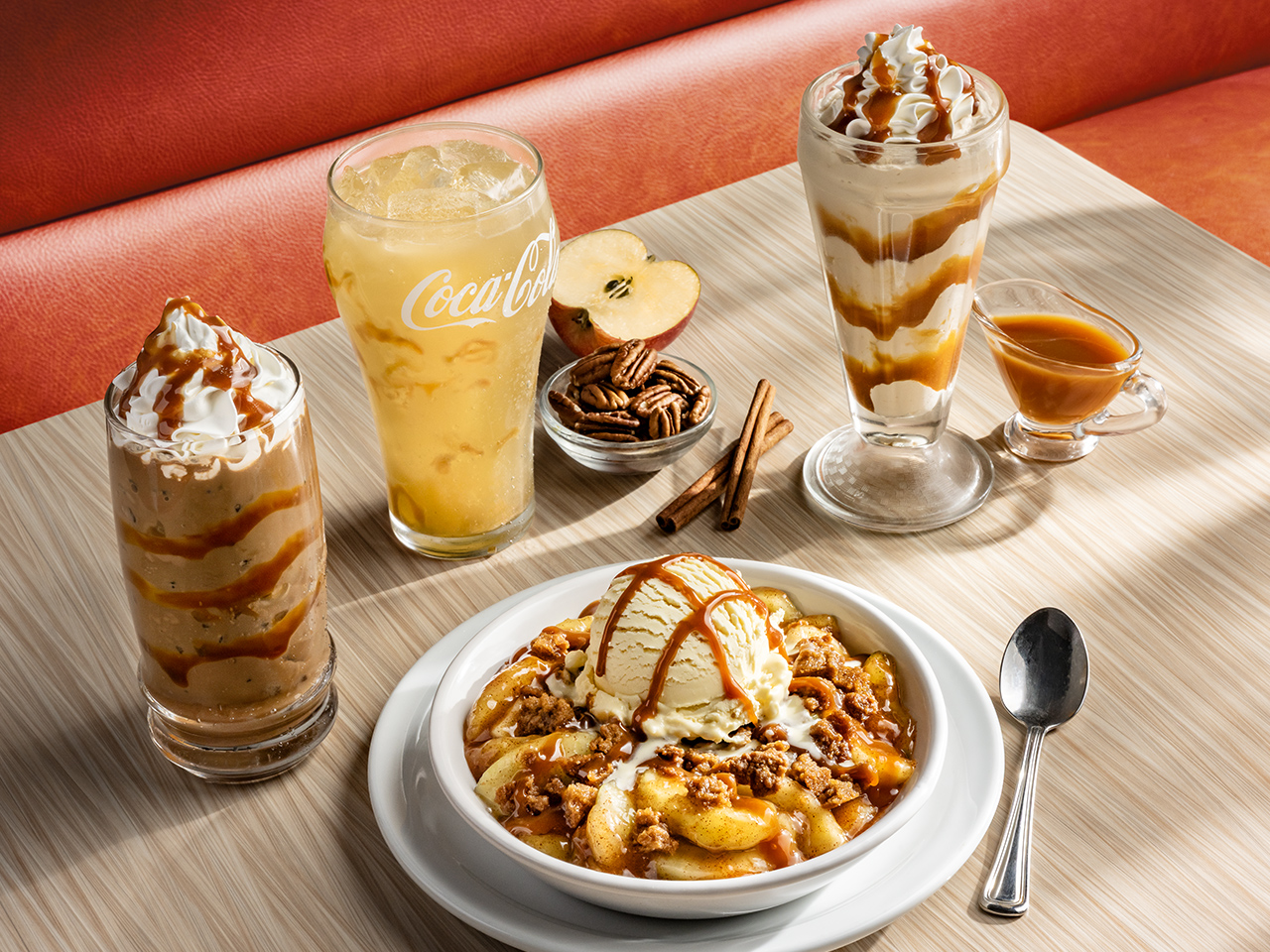 Includes Caramel Apple Cold Brew, Caramel Apple Milk Shake, Caramel Apple Lemonade made with Minute Maid Lemonade, and the Oven-Baked Caramel Apple Pie Crisp