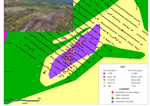 Highlights of nickel in soil and rock at the Rusty Ridge area.