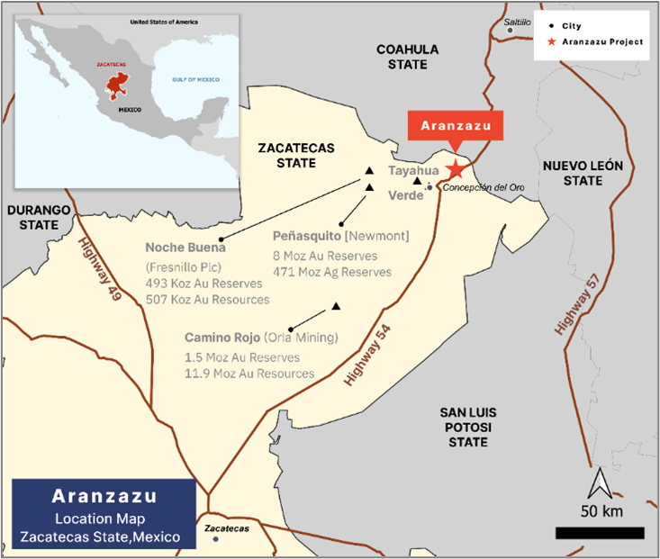 Aranzazu location map, Zacatecas State, Mexico.