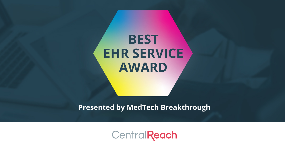CentralReach Wins Best Electronic Health Record Service Award presented by the 2020 MedTech Breakthrough Awards Program. https://centralreach.com/centralreach-wins-best-electronic-health-record-service-award-presented-by-the-2020-medtech-breakthrough-awards-program/