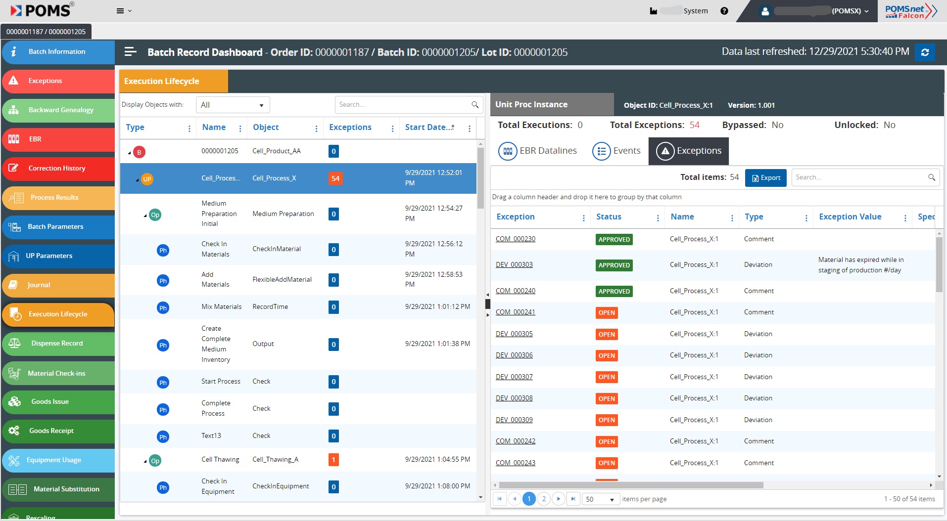 POMSnet Falcon MES Dashboard