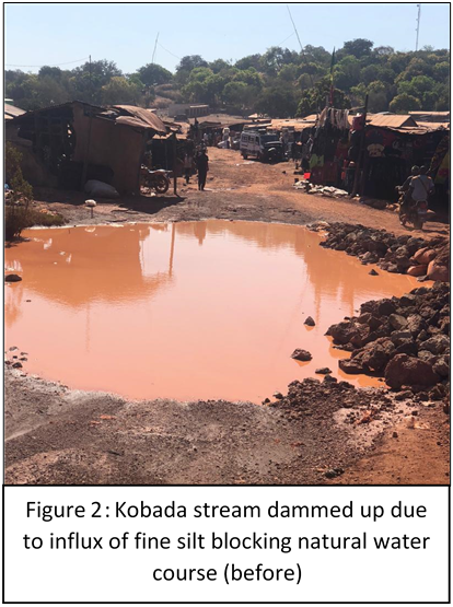 Kobada stream dammed up due to influx of fine silt blocking natural water course (before)