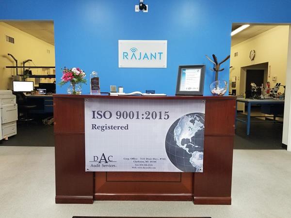 Rajant Corporation proudly displays its ISO (International Organization for Standardization) 9001:2015 certification at their Morehead, Kentucky (USA) facility. ISO 9001:2015 was achieved on March 7, 2019.  It demonstrates Rajant’s compliance with the development, technical support, and manufacturing of secure network radios.