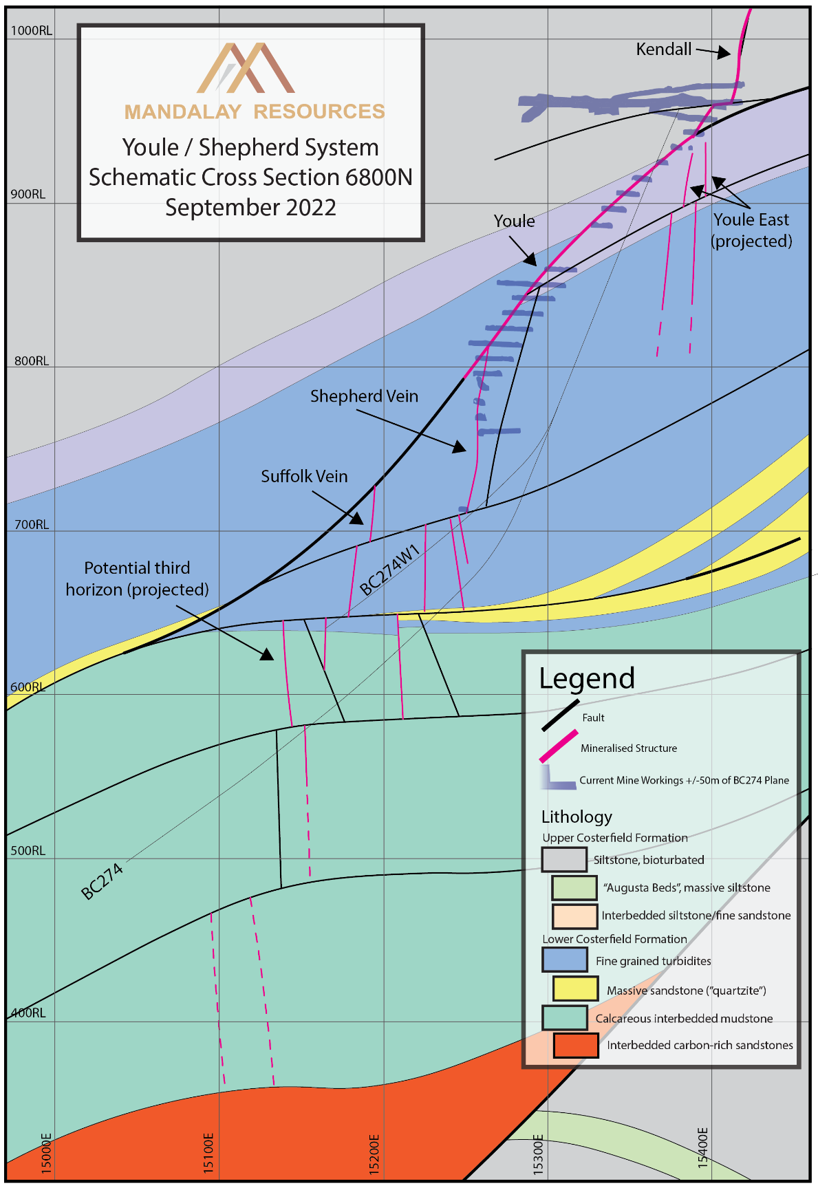 Cross-section of the Shepherd and Youle system showing the location of veining highlighting the stepped nature of Shepherd at depth.