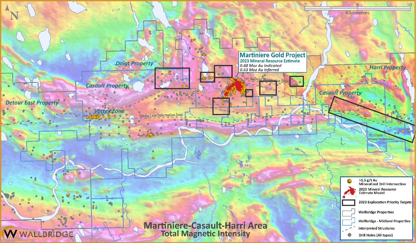 Map of the western part of the land package (Martiniere, Casault, Harri) with 2023 target areas