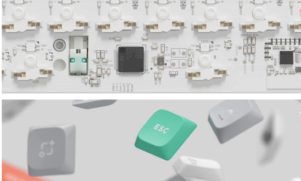 Detailed view of NuPhy keyboard PCB components and floating mechanical keycaps