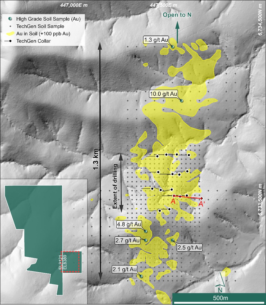 John Bull drill hole locations, soil gold geochemical results and historical soil sampling locations. The location of drill Section A-A’ (see below) is also noted. 