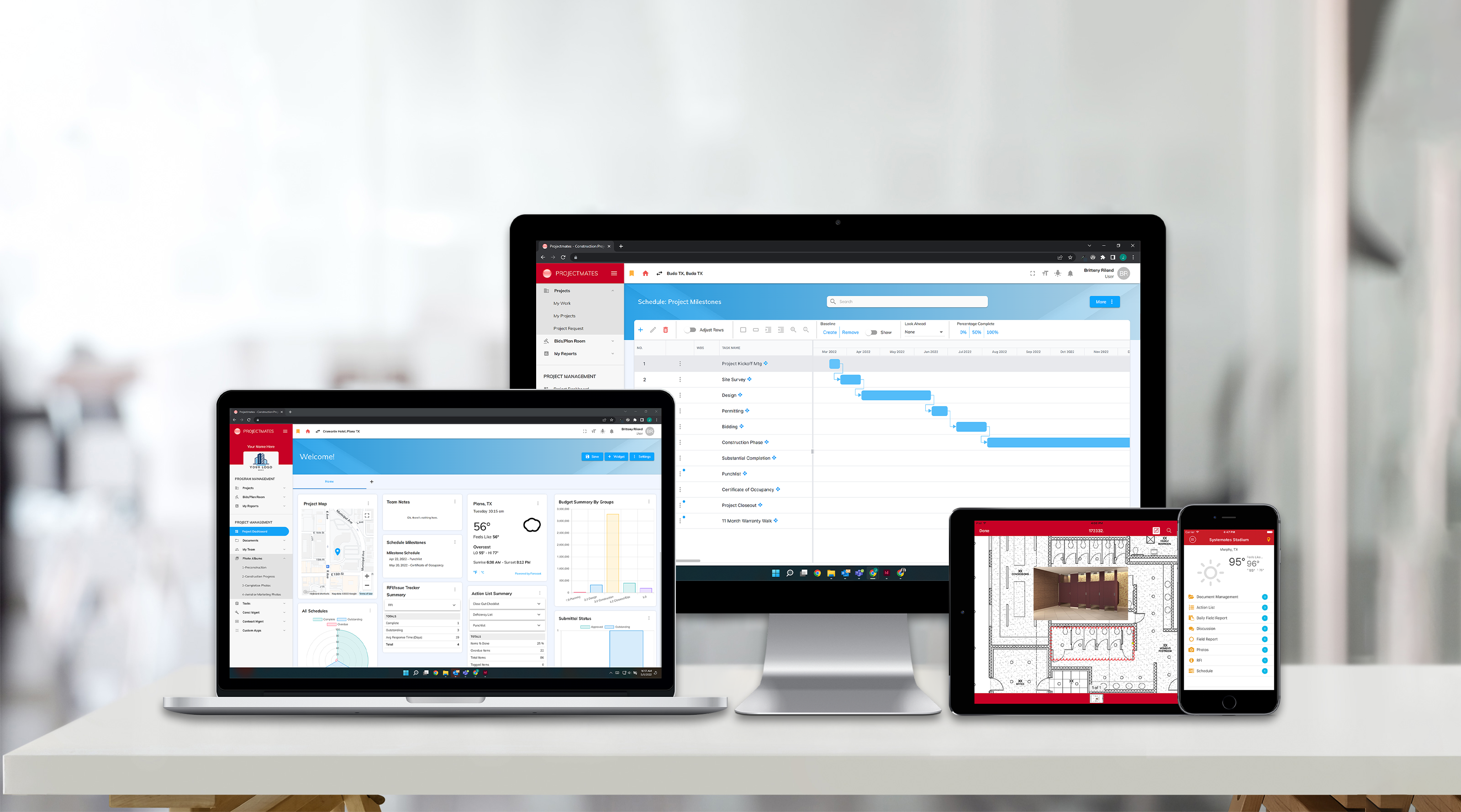 Projectmates' comprehensive solution integrates all aspects of construction management in one accessible place, creating a centralized hub for project oversight and collaboration