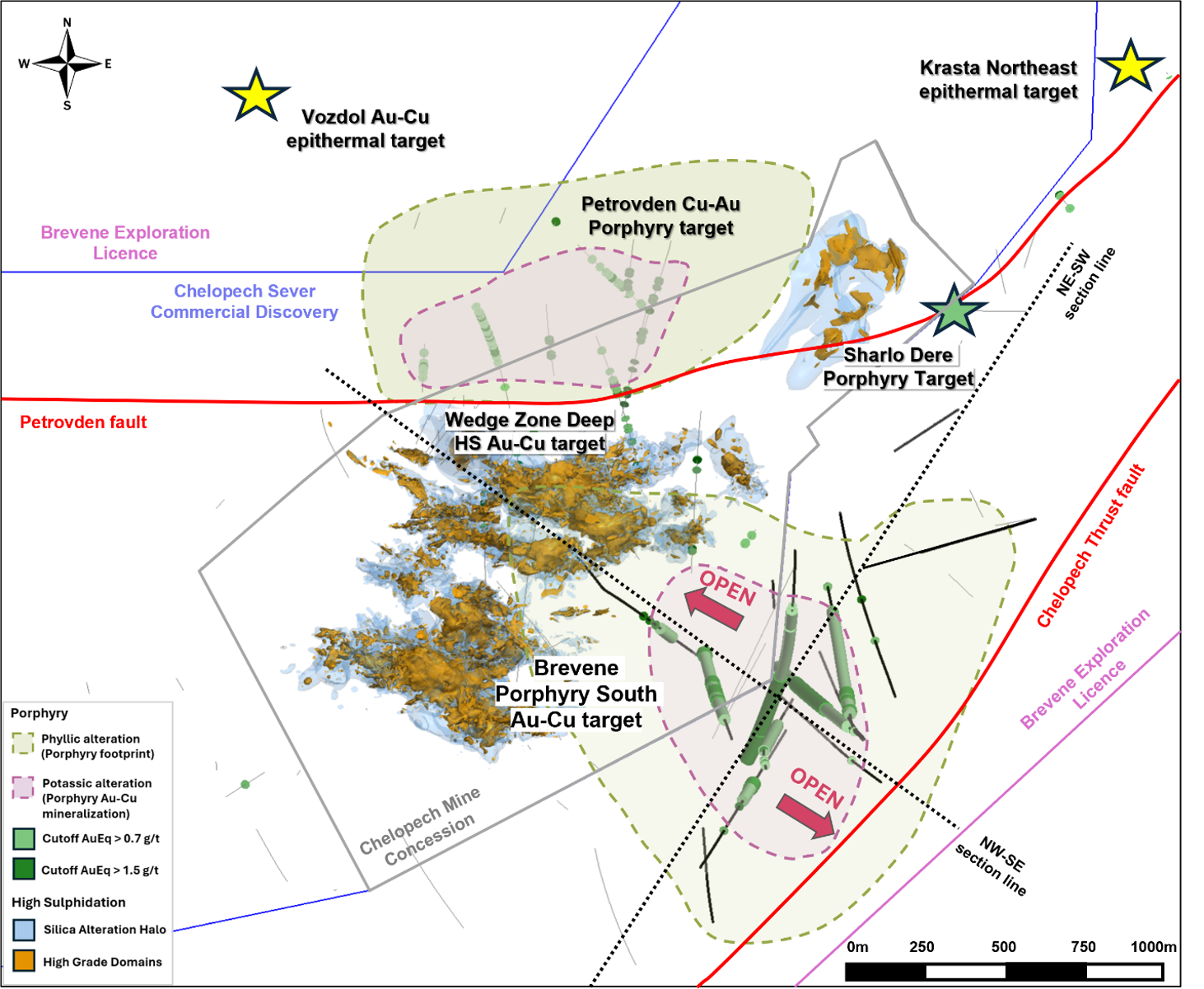 Broad plan view of the Chelopech area showing deep drill intercepts below -200 mRL, including all reported holes at the Brevene Porphyry South in bold, the interpreted footprint of mineralization as well as the projected silica alteration envelope associated with the high-sulphidation mineralization type. The projected extent of porphyry related phyllic and potassic alteration zones is estimated from drill core logging and geochemical indicators, including elevated Mo, paragonitic muscovite and high Zr/Ti ratios in the phyllic zone, and elevated K/Al and/or magnetite in the potassic zone. 