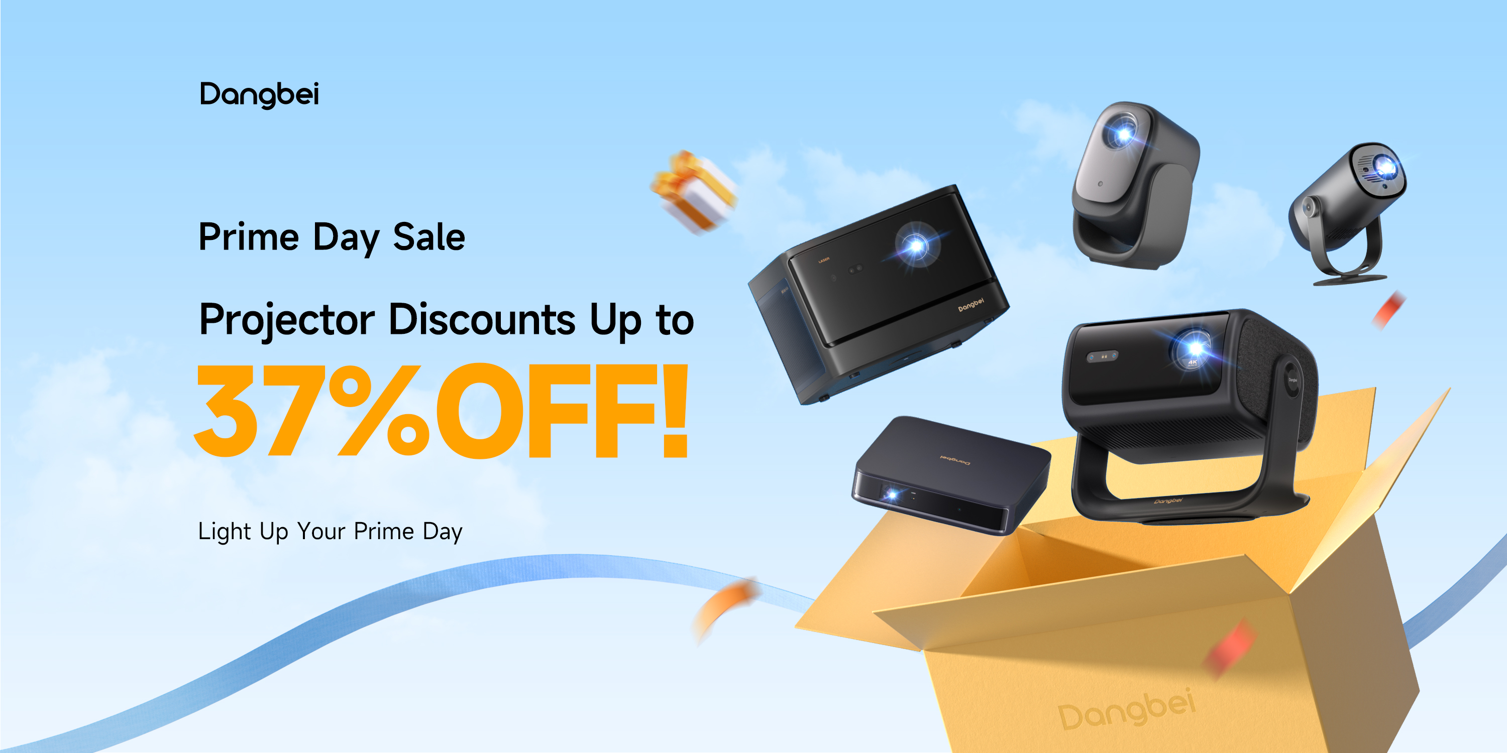 Dangbei Prime Day banner with smart projectors and gift box.
