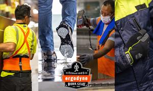 Warehouse workers wearing Ergodyne back supports, traction devices, gloves, and hi-vis clothing