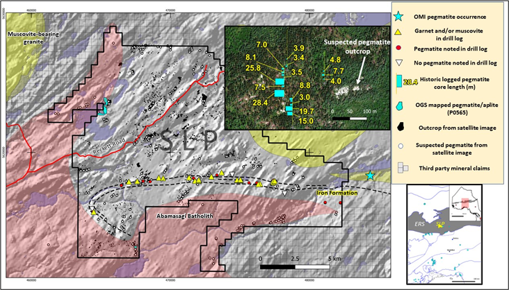 Note the density of pegmatites defined by previous drilling, as well as potential surface expressions of pegmatites throughout unexplored areas of the Property