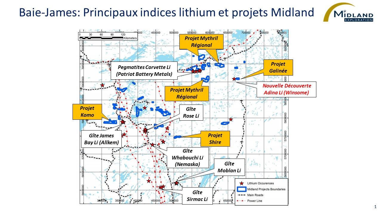 Figure 1 Baie-James-Principaux indices lithium et projets Midland