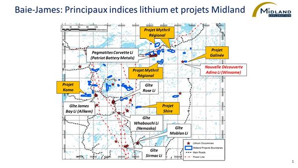 Figure 1 Baie-James-Principaux indices lithium et projets Midland