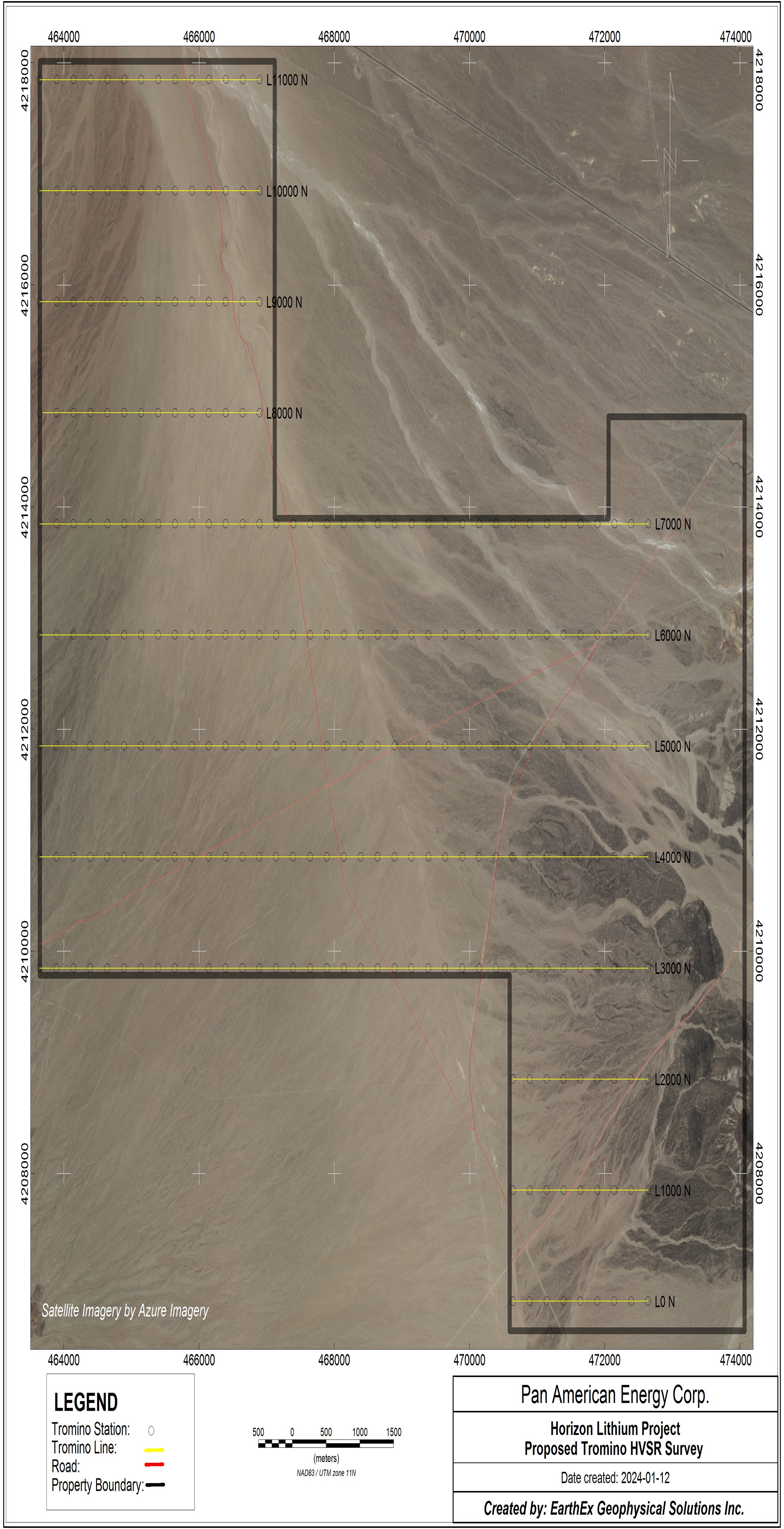 Outline of the Horizon Lithium Project (black), The Horizon Lithium boundary (black), proposed survey lines (yellow), and access roads (red polylines). The survey is estimated to comprise 86 line-km with a line spacing of 1,000 m and 250 m station spacing