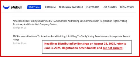 American Rebel Holdings Clarifies: No Amended S-1 Filed on August 28; Webull/Benzinga Posts Mischaracterized Prior June 3 Filing