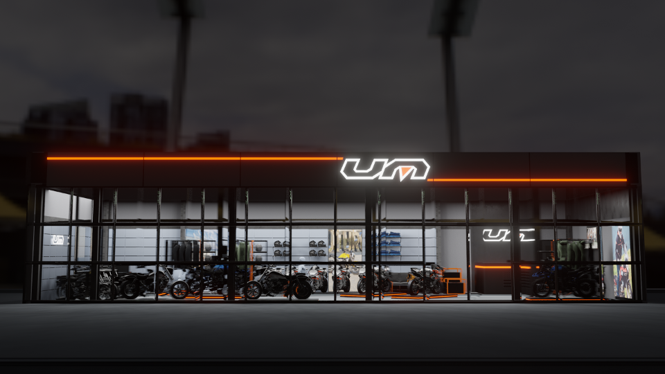 Render de la nueva agencia premium de UM Motorcycles con diseño contemporáneo, exhibición de motocicletas y espacios de atención al cliente.